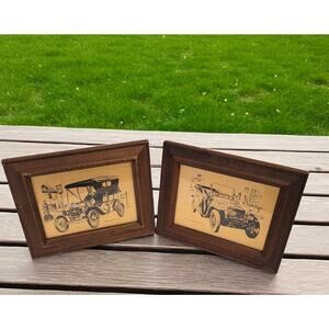 Gold Colored Prints Pictures 1915 Ford Model T 1909 Rolls Royce Framed Man Cave